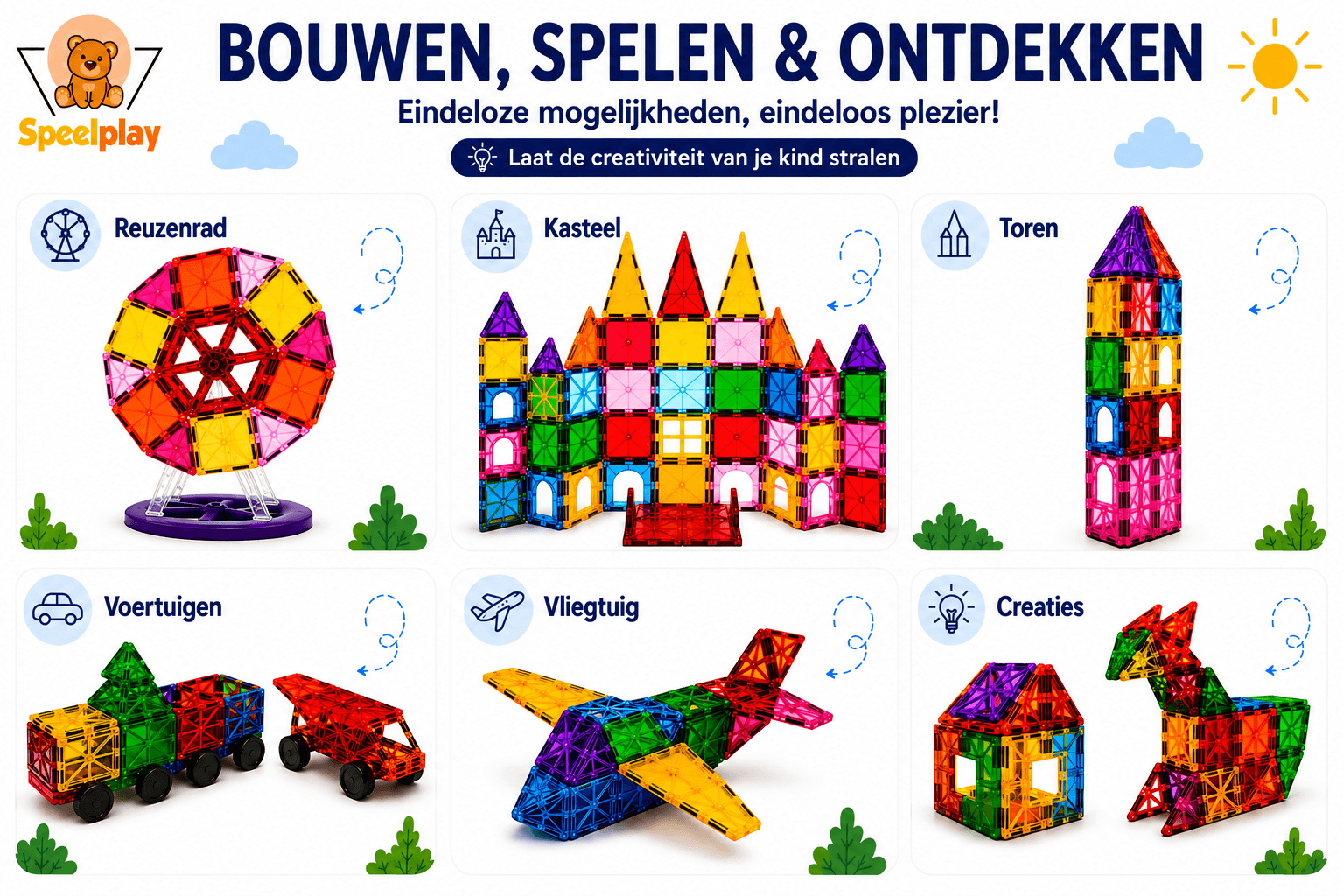 Bouwideeën met Speelplay magnetische tegels 18 stuks