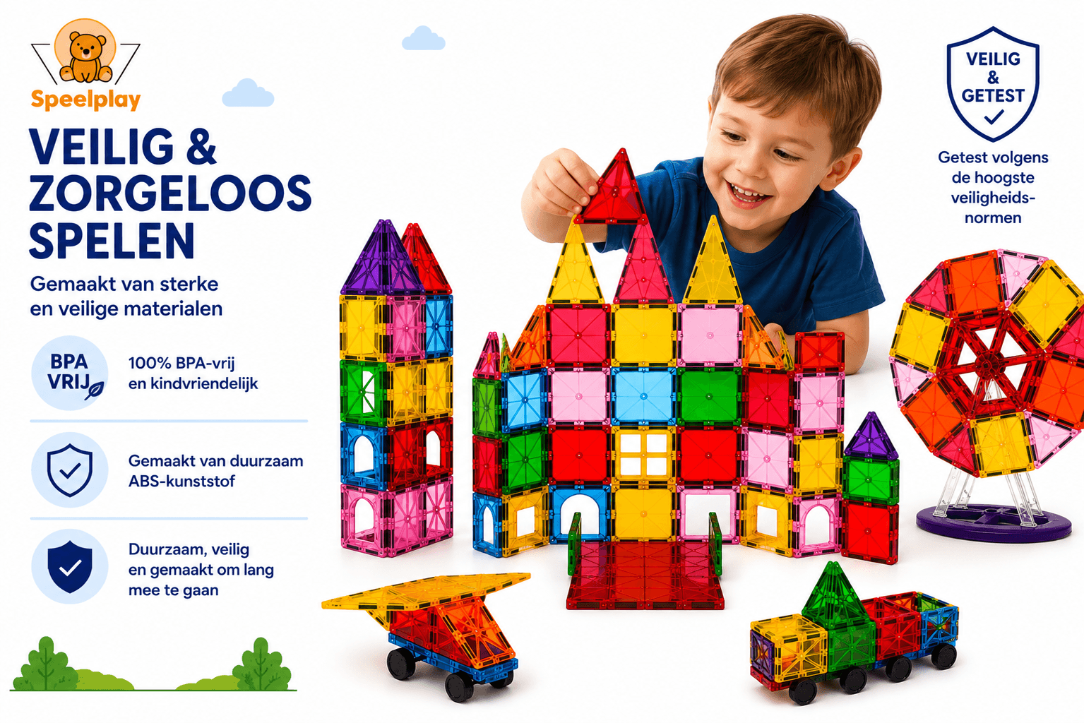 Kind speelt met Speelplay magnetische tegels en bouwt een kasteel