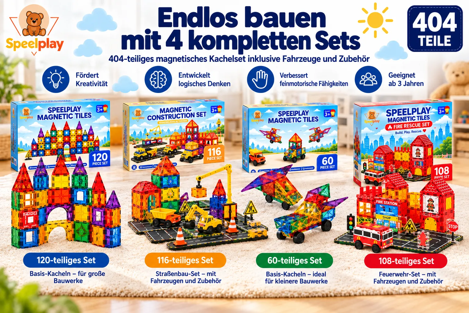 Magnetbausteine Ultimate-Set mit Straßen, Fahrzeugen & Riesenrad – 404-teilig – Bild 2