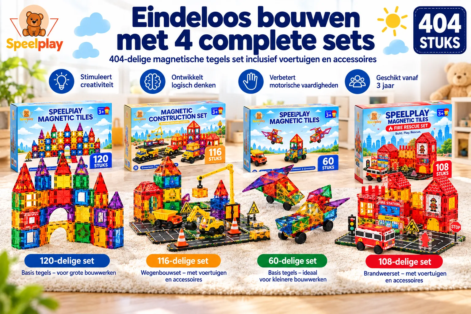 Magnetic Tiles Ultimate Set met Wegen, Voertuigen & Reuzenrad – 404-delig - Afbeelding 2