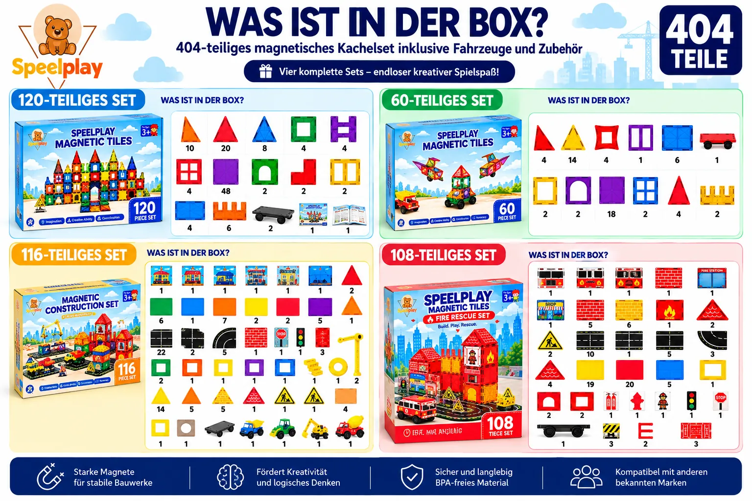 Magnetbausteine Ultimate-Set mit Straßen, Fahrzeugen & Riesenrad – 404-teilig – Bild 3