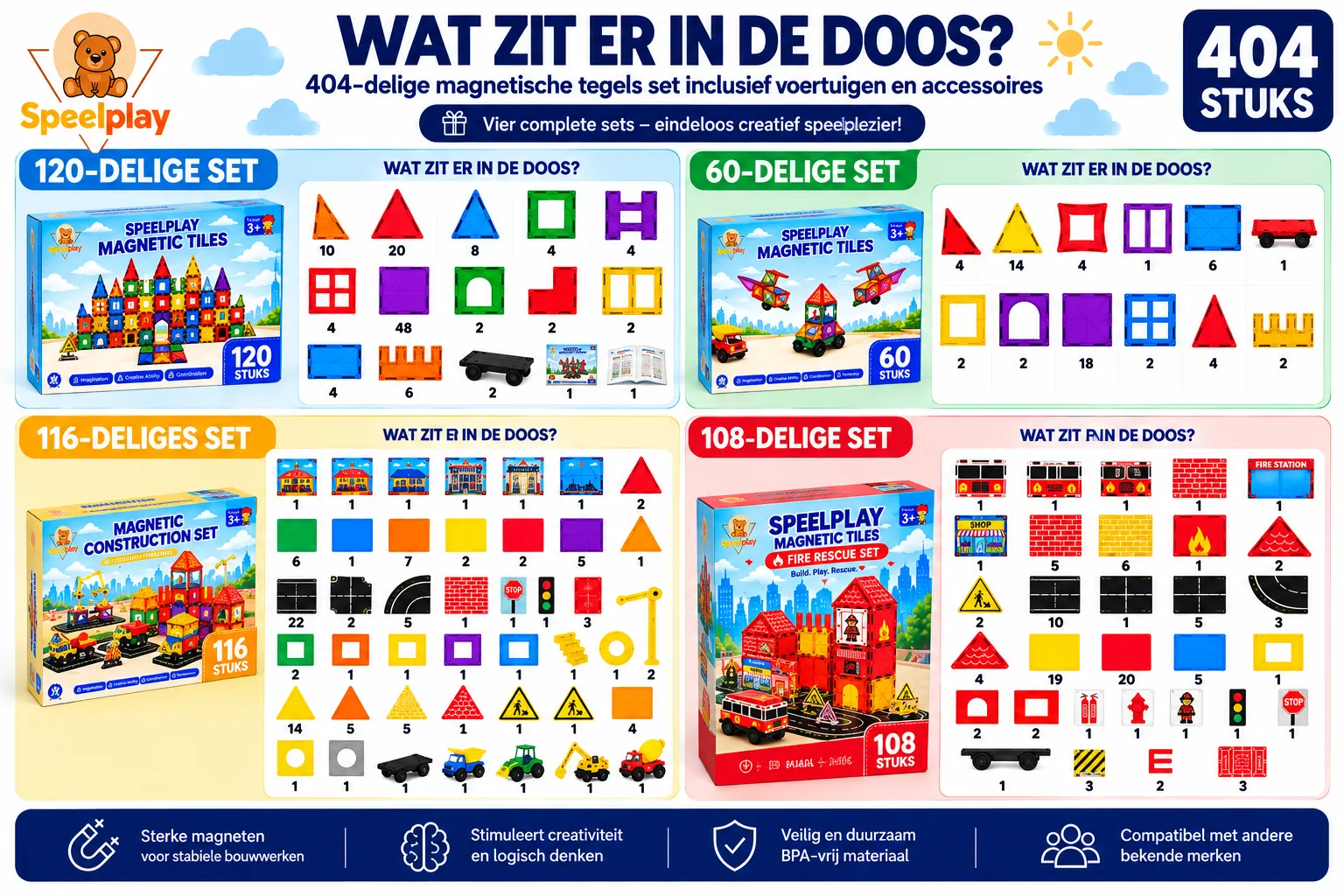 Magnetic Tiles Ultimate Set met Wegen, Voertuigen & Reuzenrad – 404-delig - Afbeelding 3