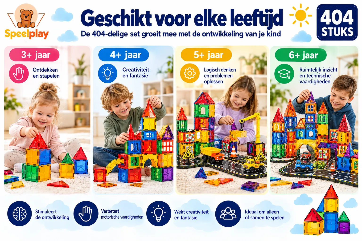 Magnetic Tiles Ultimate Set met Wegen, Voertuigen & Reuzenrad – 404-delig - Afbeelding 4