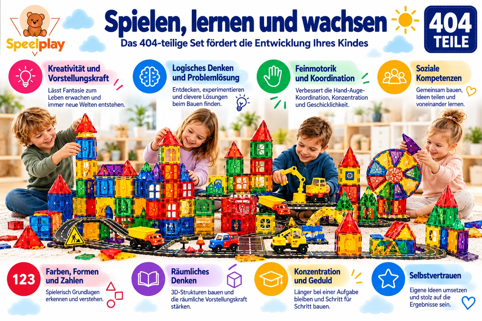 Magnetbausteine Ultimate-Set mit Straßen, Fahrzeugen & Riesenrad – 404-teilig – Bild 5