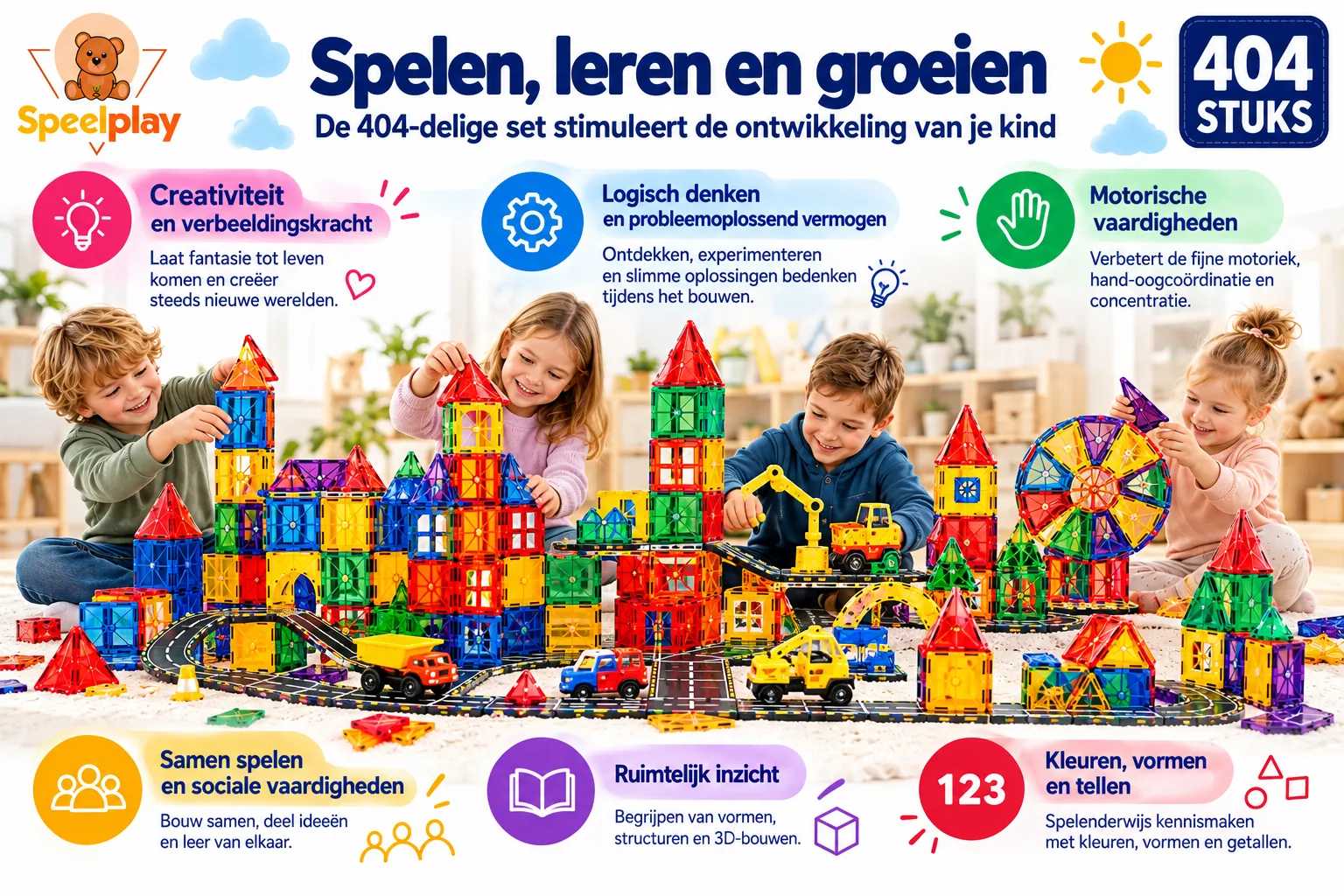 Magnetic Tiles Ultimate Set met Wegen, Voertuigen & Reuzenrad – 404-delig - Afbeelding 5