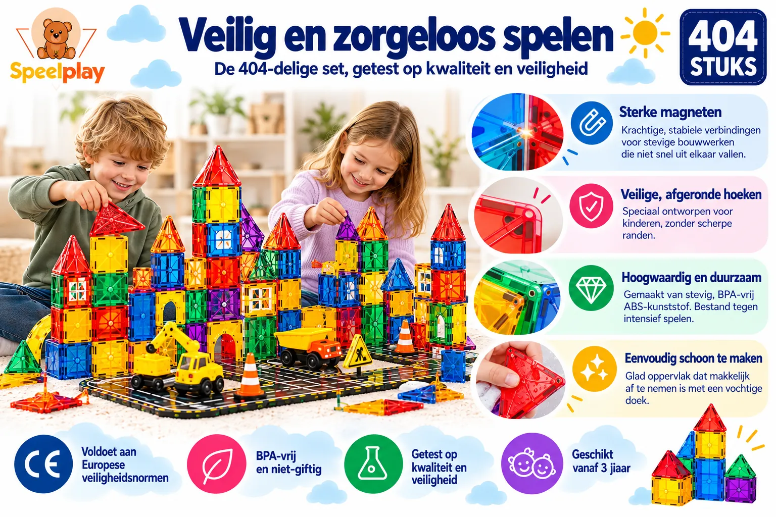 Magnetic Tiles Ultimate Set met Wegen, Voertuigen & Reuzenrad – 404-delig - Afbeelding 6