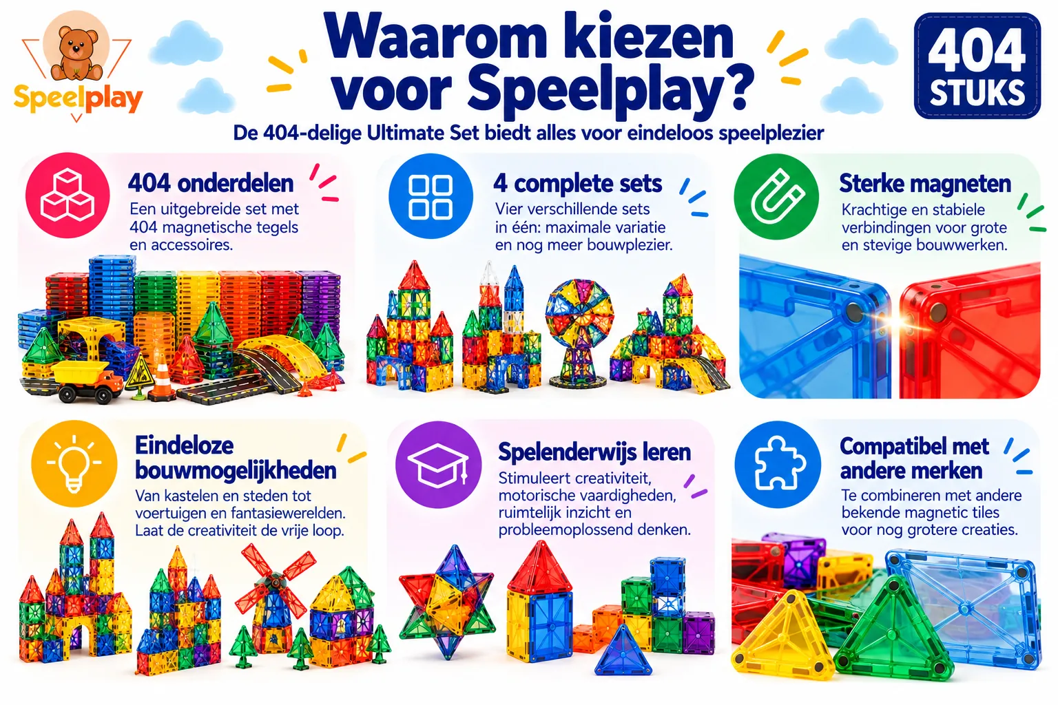 Magnetic Tiles Ultimate Set met Wegen, Voertuigen & Reuzenrad – 404-delig - Afbeelding 7