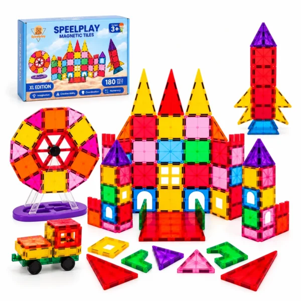 Speelplay Magnetic Tiles 180-delige Mega Set met kleurrijke magnetische bouwstenen, reuzenrad en accessoires voor creatief en educatief bouwen.