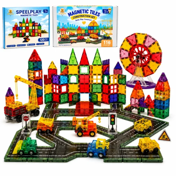 Speelplay Magnetic Tiles Adventure Set 236 stuks met wegenbouw, brandweer, kasteel en reuzenrad