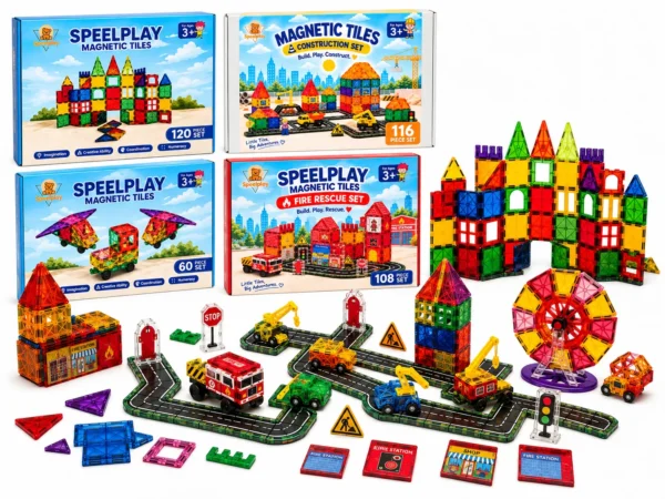 Speelplay Magnetic Tiles Ultimate Set 404 stuks met kasteel, brandweer, wegenbouw, voertuigen en reuzenrad