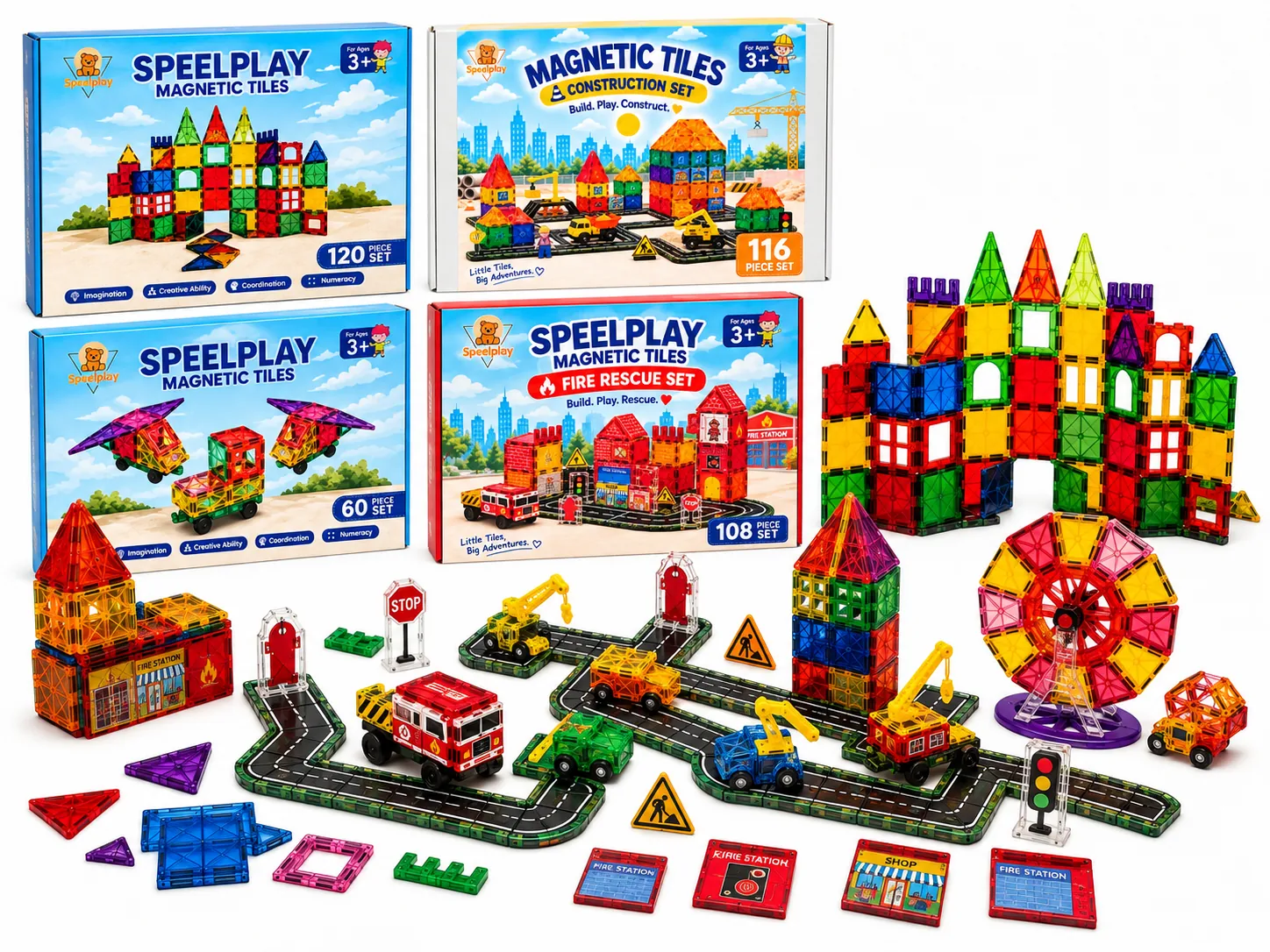 Speelplay Magnetic Tiles Ultimate Set 404 stuks met kasteel, brandweer, wegenbouw, voertuigen en reuzenrad