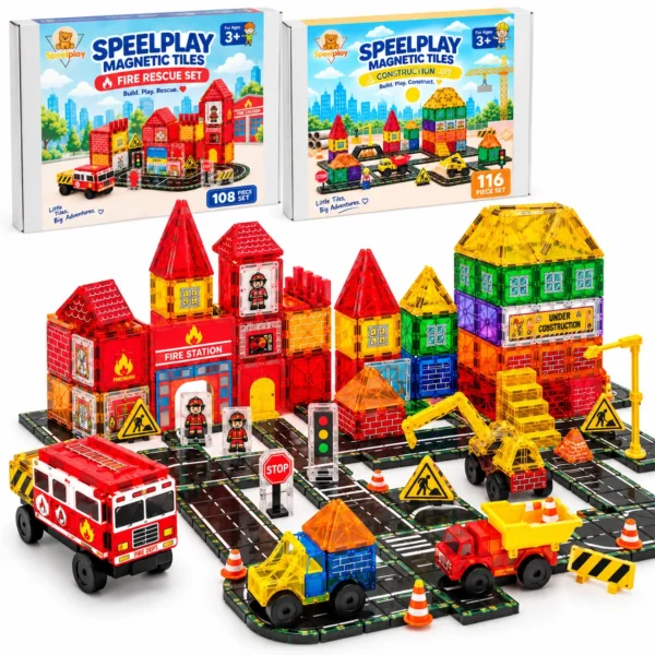 Speelplay Magnetic Tiles Brandweer en Wegenbouw set 224-delig met brandweerauto's en magnetische bouwstenen