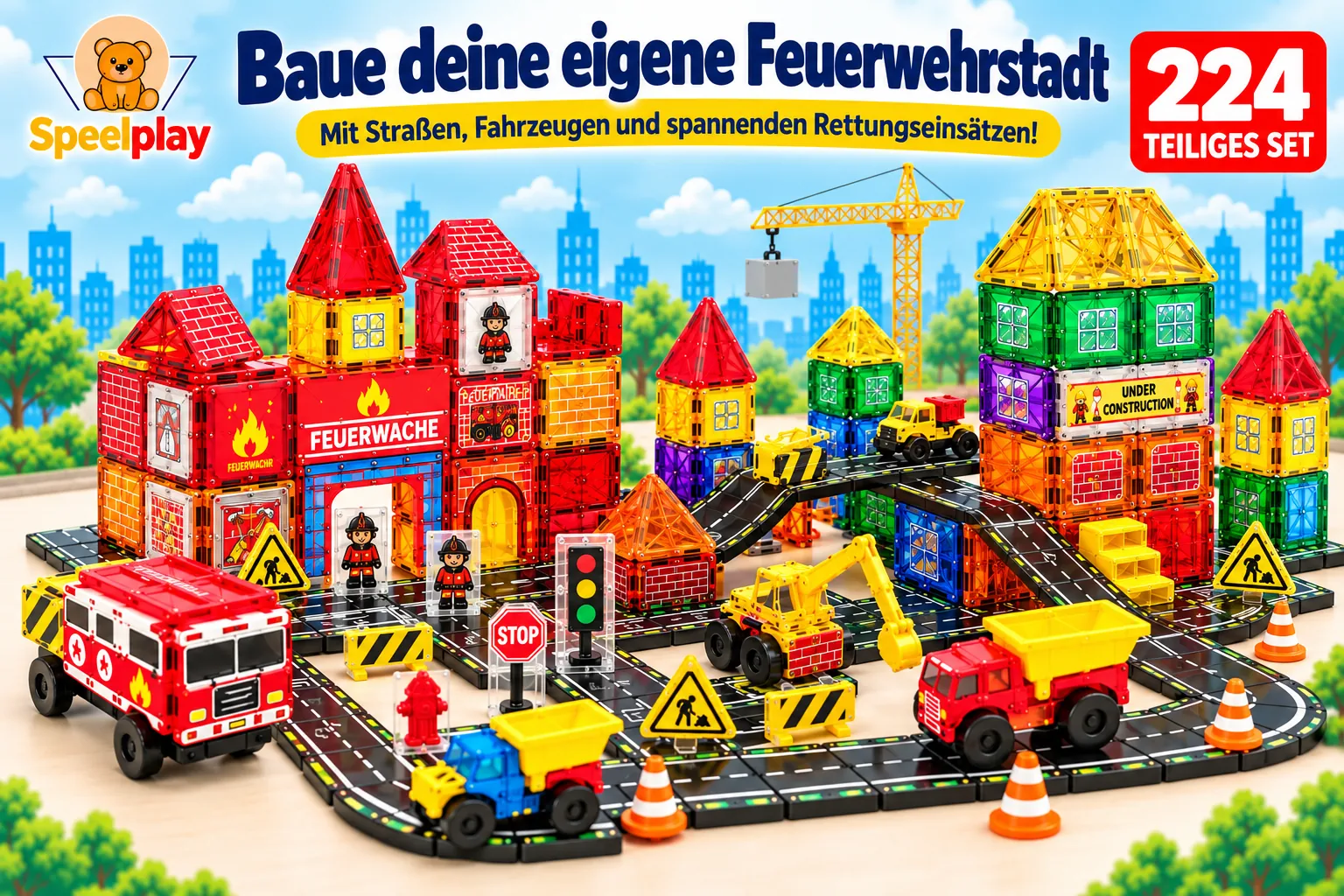 Magnetic Tiles Feuerwehr & Straßenbau Set – 224-teilig – Bild 2