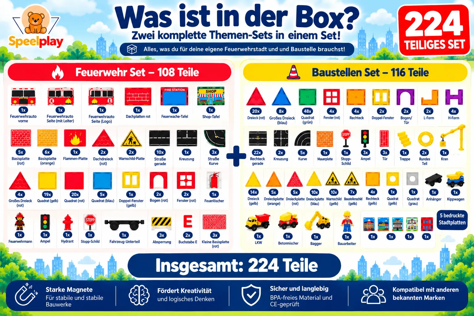Magnetic Tiles Feuerwehr & Straßenbau Set – 224-teilig – Bild 3