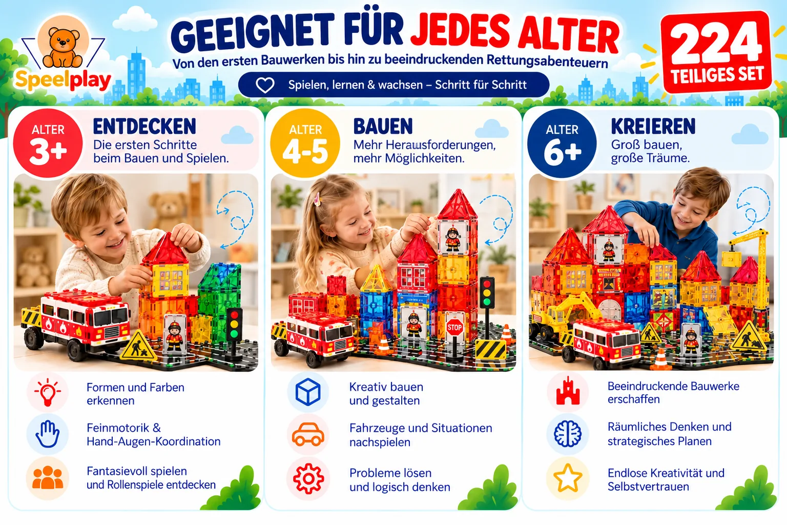Magnetic Tiles Feuerwehr & Straßenbau Set – 224-teilig – Bild 4
