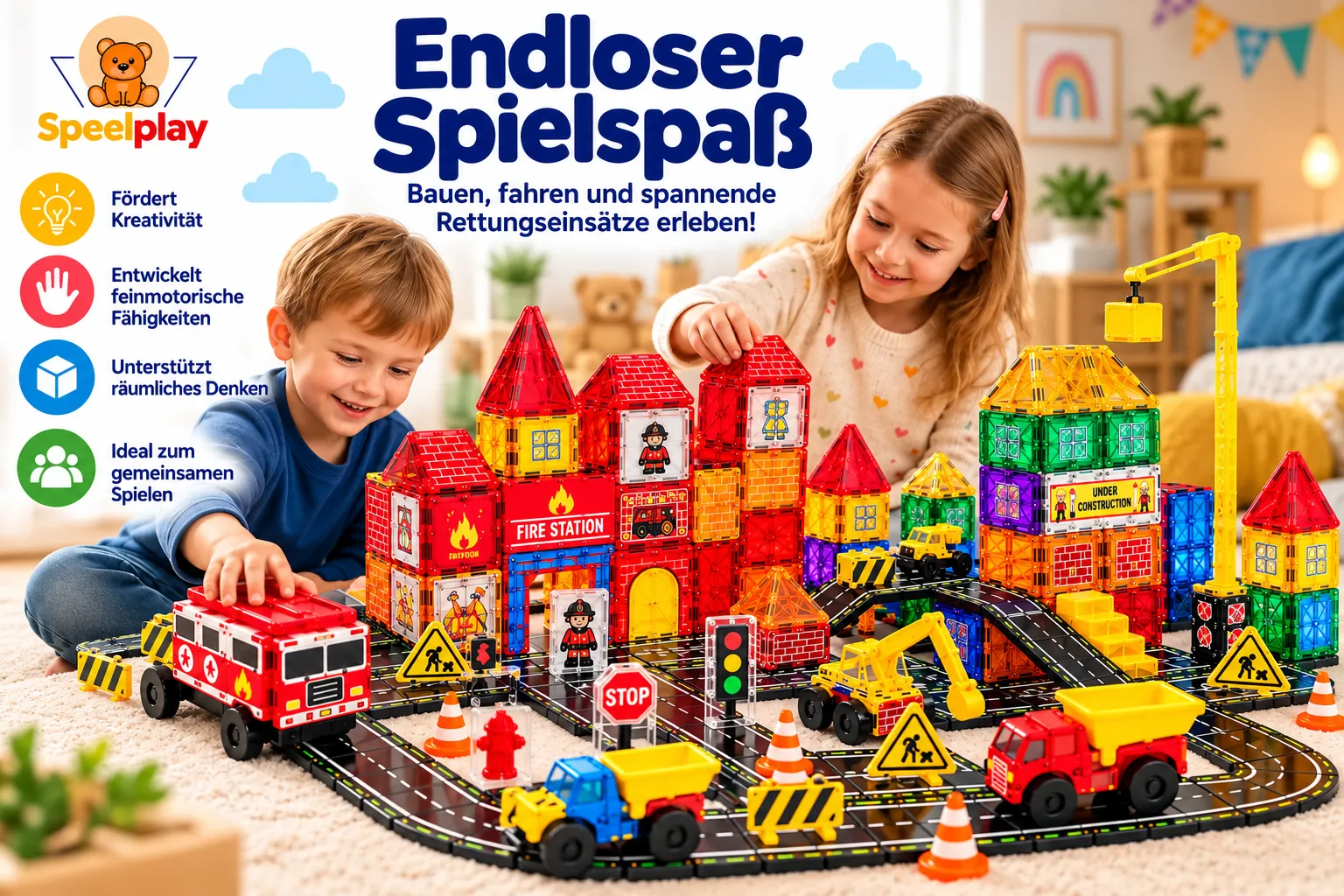 Magnetic Tiles Feuerwehr & Straßenbau Set – 224-teilig – Bild 5