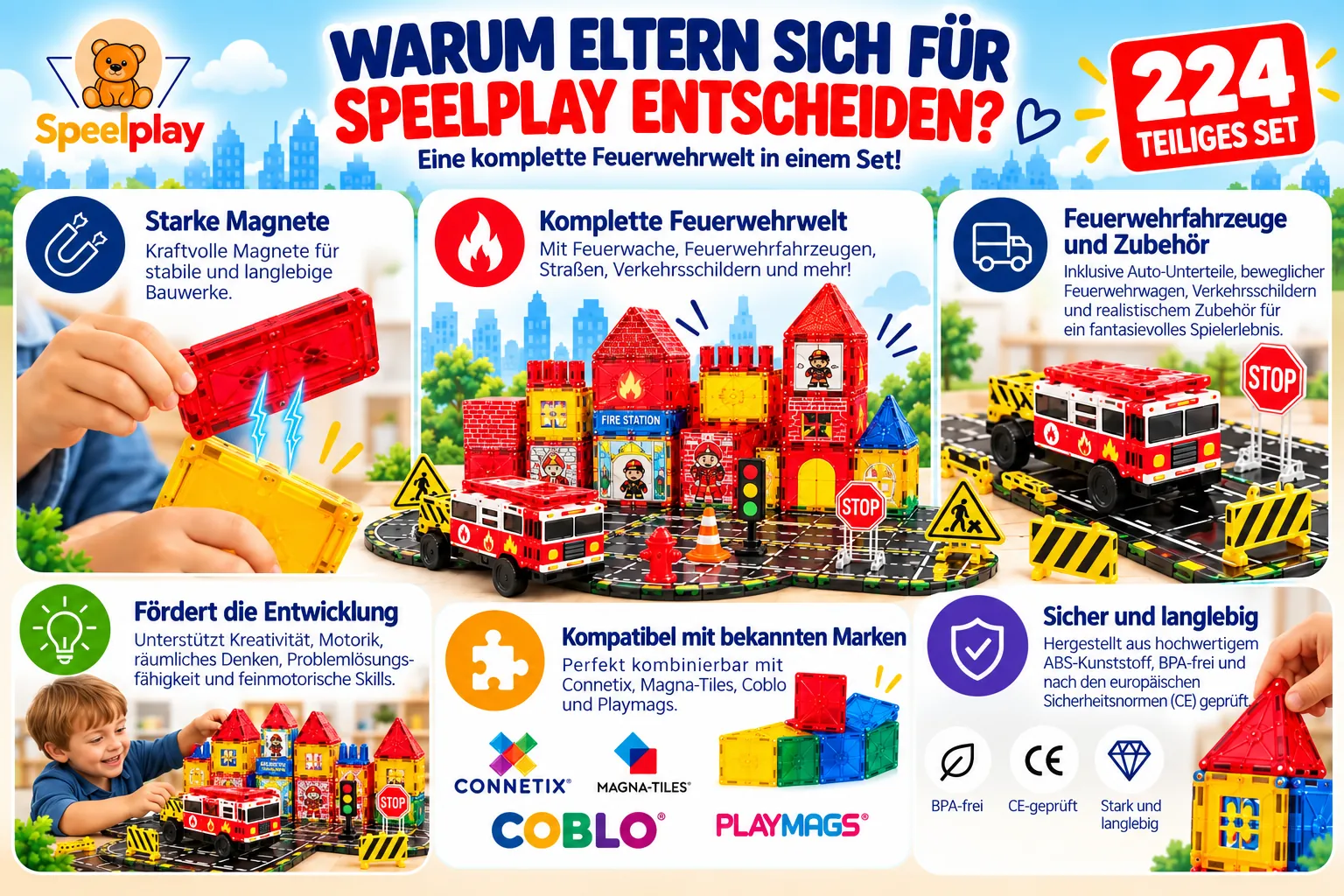 Magnetic Tiles Feuerwehr & Straßenbau Set – 224-teilig – Bild 6